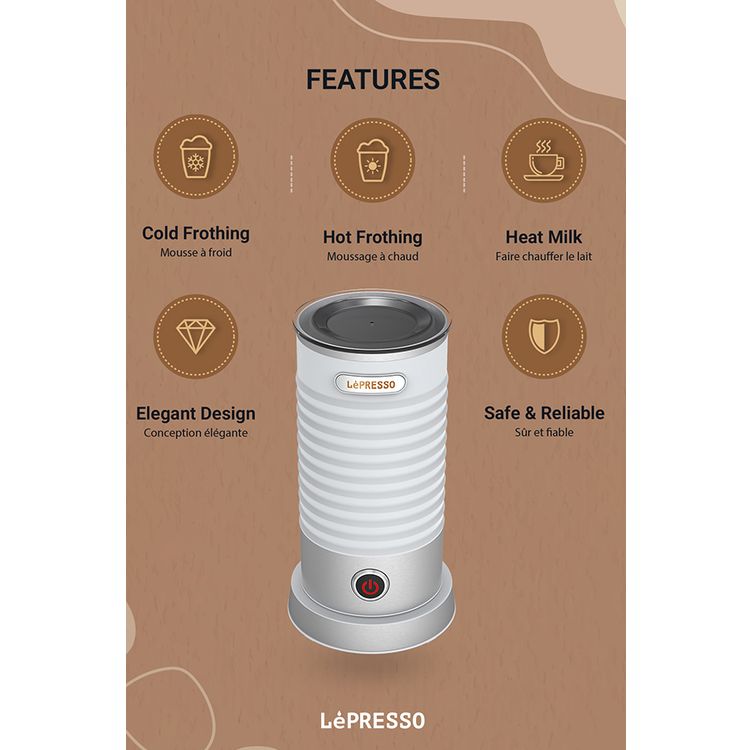 LePresso Hot & Cold Milk Frother, Portable & Lightweight Design, 110mL Frothing Capacity, 200mL Regular Heating Capacity, Safe & Reliable, One-Touch Operation, Non-Stick Material - White