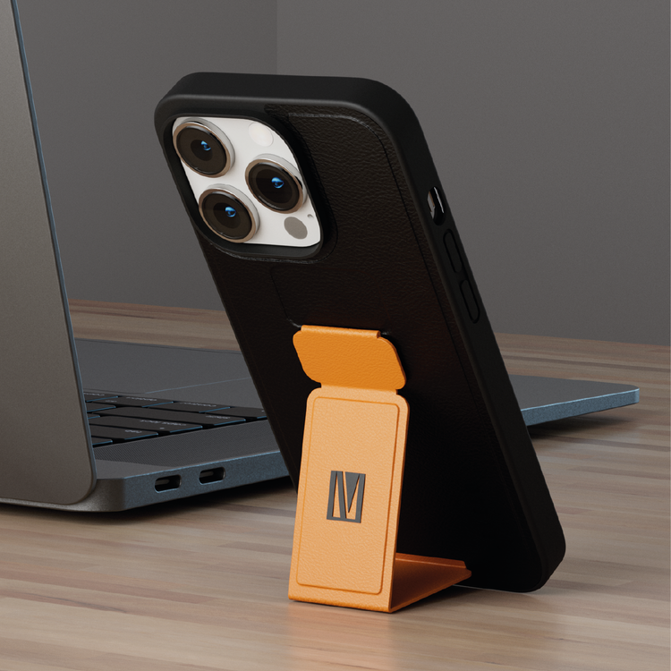 غطاء جلد PU لـ iPhone 14 Pro Max من Levelo Morphix Gripstand - برتقالي