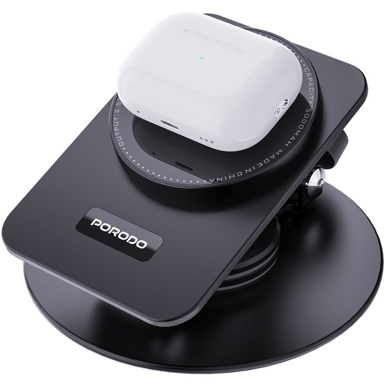 Porodo Wireless Charging Rotating Stand with Folding Watch Charge, Flexible Viewing Angle, 360° Rotating Base - Black