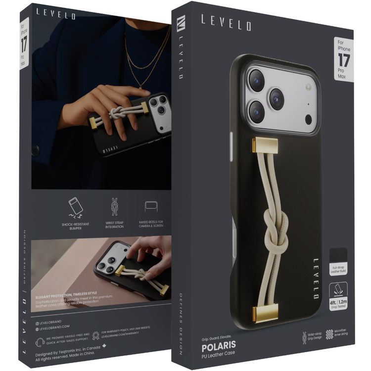 Levelo Polaris PU Leather Case with Wrist-Strap Grip for iPhone 17 Pro Max, Microfiber Inner Lining, Raised Bezels for Camera & Screen, Shock-Resistant Bumper, Drop-Tested - Black