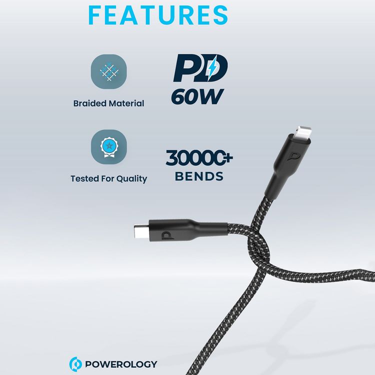 كابل Powerology مضفر من USB-C إلى Lightning بقوة توصيل 60 واط، بطول 30 سم، بتوافق عالمي، وشحن سريع ونقل بيانات - اللون الأسود