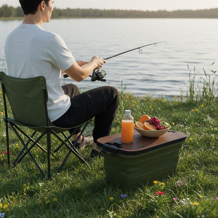 Green Lion Folding Basket with Built-in Table, Foldable Design, 32L Capacity, Collapsible Storage Box, Water-Proof Design - Green
