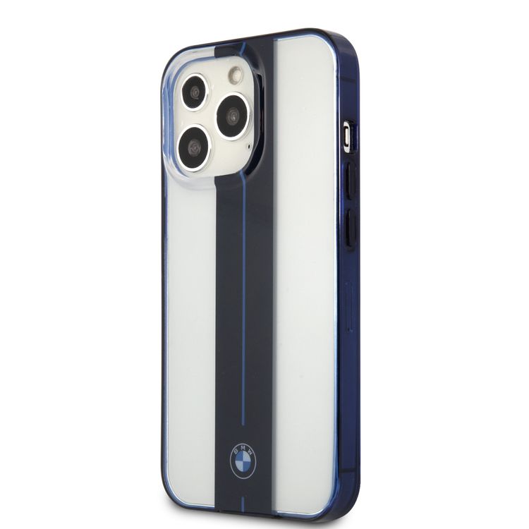 CG MOBILE BMW PC Transparent Hard Case with Navy Middle Stripe & Light Blue Line with Navy Edges Compatible for iPhone 13 Pro Max (6.7")