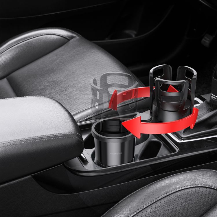 Green Lion Drive Flex 2-in-1 Cup Holder with 360° Free Rotation, Universal Car Fit, Adjustable Side Arms, Durable Construction, Easy to Clean, Expandable Food Tray, Easy Installation, 1kg Maximum Load Capacity - Black