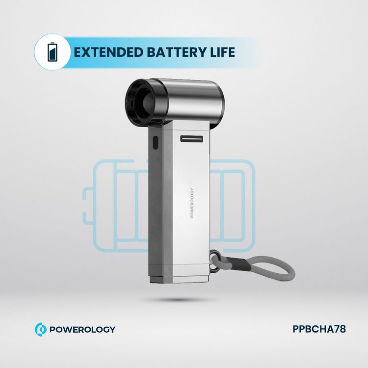 مروحة ومكنسة باورولوجي تيربو جيت مع 4 مستويات سرعة، مؤشر بطارية، تصميم محمي ببراءة اختراع، عمر بطارية ممتد، منفذ شحن Type-C - فضي