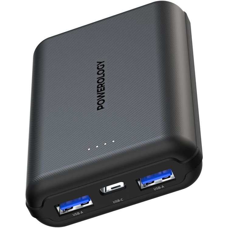 Powerology 10000mAh Power Bank with USB-C PD20w and 2xUSB-A QC 18W Port - Black