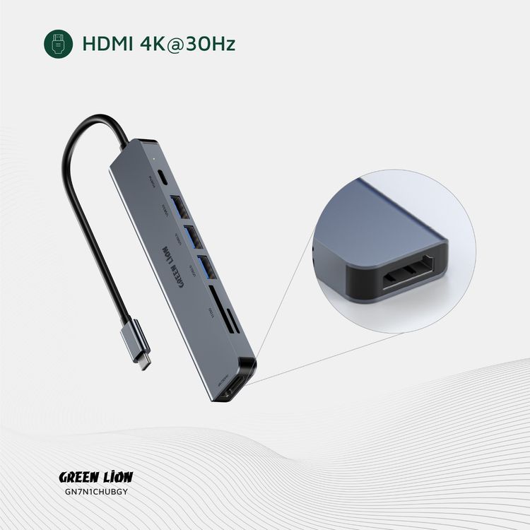 Green Lion 7-in-1 USB-C Hub with 3× USB-A, HDMI, TF/SD Card & USB-C Ports, Aluminum Alloy Material, 4K@30Hz Resolution, 5 Gbps Data Transfer, 16.7cm Cable Length - Gray