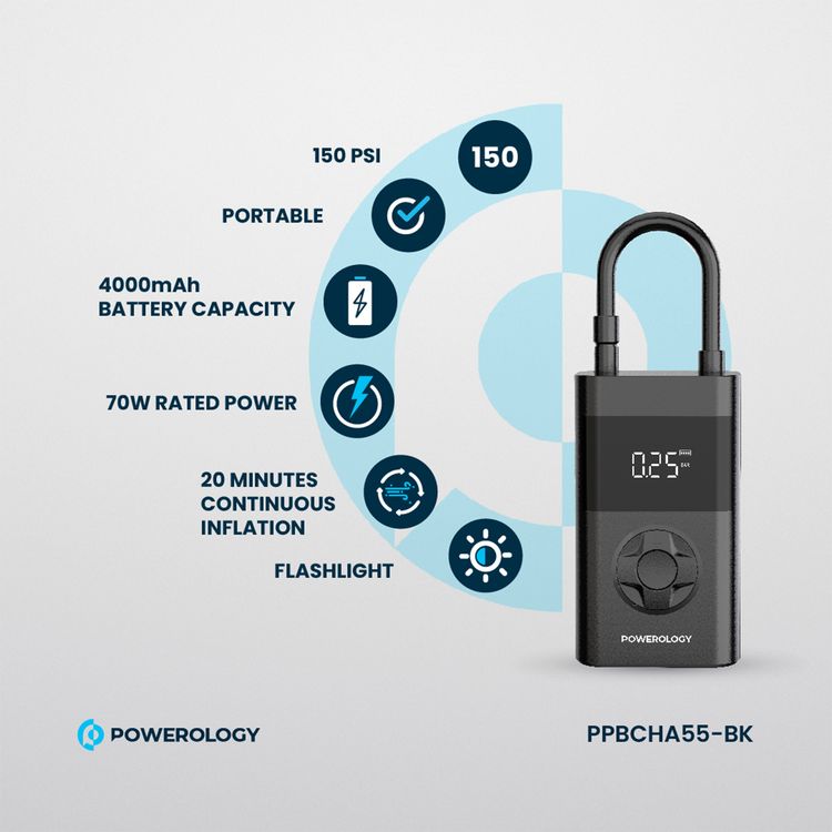 Powerology PPO55 Ultra Portable Air Compressor Powerbank, 4000mAh, 70W, 20 minutes Continuous Inflation, 20-23L/Min - Black 