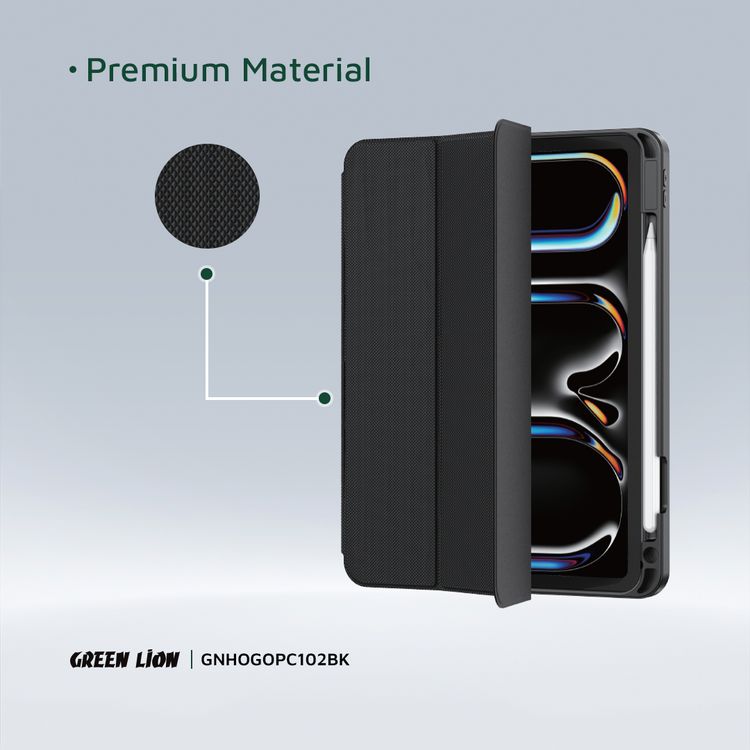 Green Lion Hogo Premium Case with Pencil Holder for iPad 10.2", Stable Trifold Stand, Full Body Drop Protection, Soft TPU Easy Install & Remove, Effective Shockproof - Black