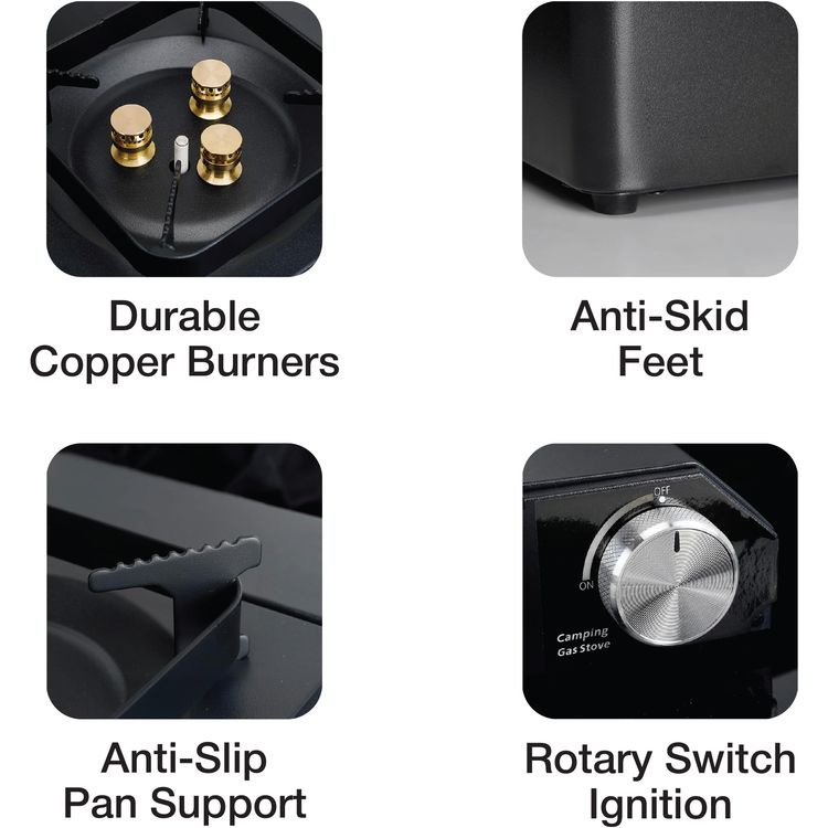 Green Lion Flamo 3 Burner Camping Stove with 2100W High Heat Output,  Iron, Copper, Aluminum Material, Adjustable Flame Control, Anti-Skid Feet, Durable Copper Burners, Magnetic Suction Valve - Black