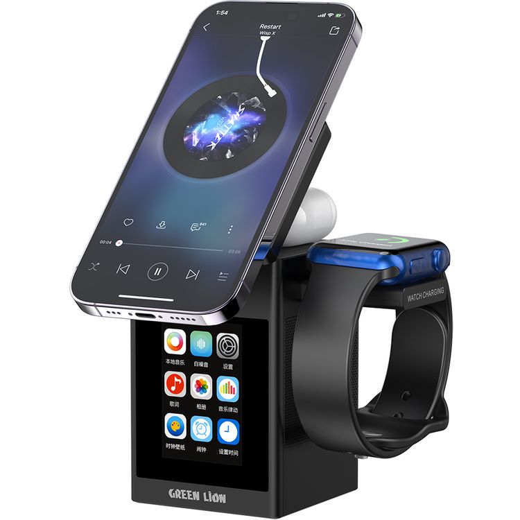 Green Lion Smart Station Pro with Wireless Charger, Speaker, Clock, Alarm, ABS + PC & Silicone Material, 8× N52 Magnets, 1000mAh Battery Capacity, Bluetooth Version 5.3, 10m Working Range, 2 Hours Charging Time, 2.5 Hours Working Time, Type-C Input Port, Smart Touch Display - Black