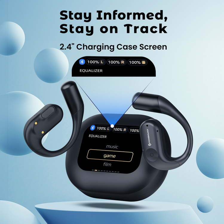 Powerology Air Conduction ENC TWS Earbuds and Charging Case with Digital Display, Bluetooth Version 5.3 - Black