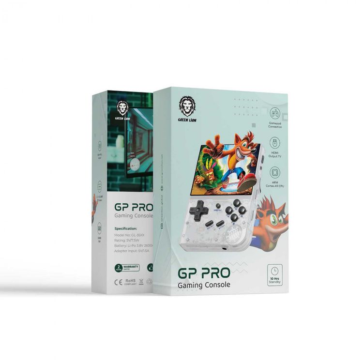 وحدة تحكم الألعاب جرين ليون GP PRO مع محرك اهتزاز، اتصال لوحة الألعاب، مخرج HDMI للتلفزيون، نظام لينوكس، وقت عمل يصل إلى 7 ساعات، تخزين 64 جيجابايت، دقة 640×480 بكسل، شاشة 3.5 بوصة - باللون الأبيض.