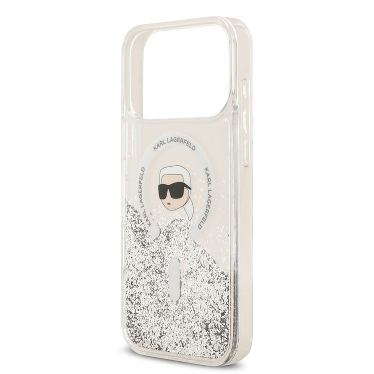 Karl Lagerfeld MagSafe Liquid Glitter Case with Karl Head for iPhone 17 Pro Max, Drop Protection, Easy Snap-On, Slim & Lightweight Design, Sustainable Packaging, Comfortable Grip - Transparent