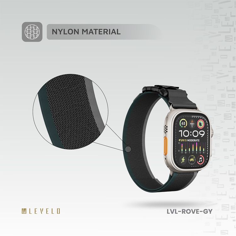 Levelo Rove Nylon Watch Strap with Magnetic Buckle, Compatible with 49/46mm Smartwatches & Apple Watch SE, Series 9, 8, 7, 6, 5, Abrasion Resistance, Hypoallergenic Material, Easy Snap-On & Quick Release Mechanism, Water-Resistant, Sweat-Resistant, 24/7 Wearability - Gray