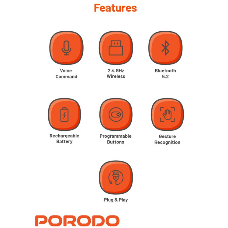 Porodo Gaming Remote Keyboard & Mouse with Programmable Buttons, Gesture Recognition, 10m Operational Range, 84 Keys, 5.2 Bluetooth, 300mAh Battery - Black