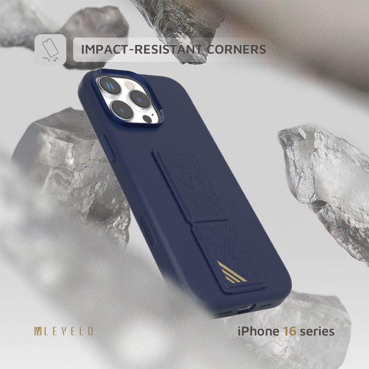 كفر حماية سيليكون Levelo Morphix مع قبضة جلدية لهاتف iPhone 16 Pro Max، حلقة معدنية للكاميرا، حامل متعدد الوظائف، زوايا مقاومة للصدمات، مواد فائقة المتانة - أزرق غامق
