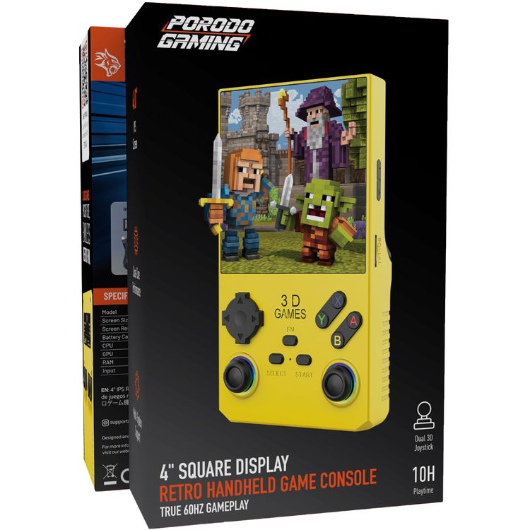 Porodo Gaming 4" Square Display Retro Handheld Game Console, 4000mAh Lithium Polymer Battery, 10 Hours Battery Life, 1GB RAM, Quad-Core Performance, Multi-System Support - Yellow