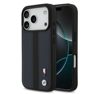 BMW PU Leather Case with Perforated Stripes & Metal Logos for iPhone 17 Pro, MagSafe Compatible, Sustainable Packaging, Drop Protection, Slim Profile, Easy Snap-On Design - Navy / Black
