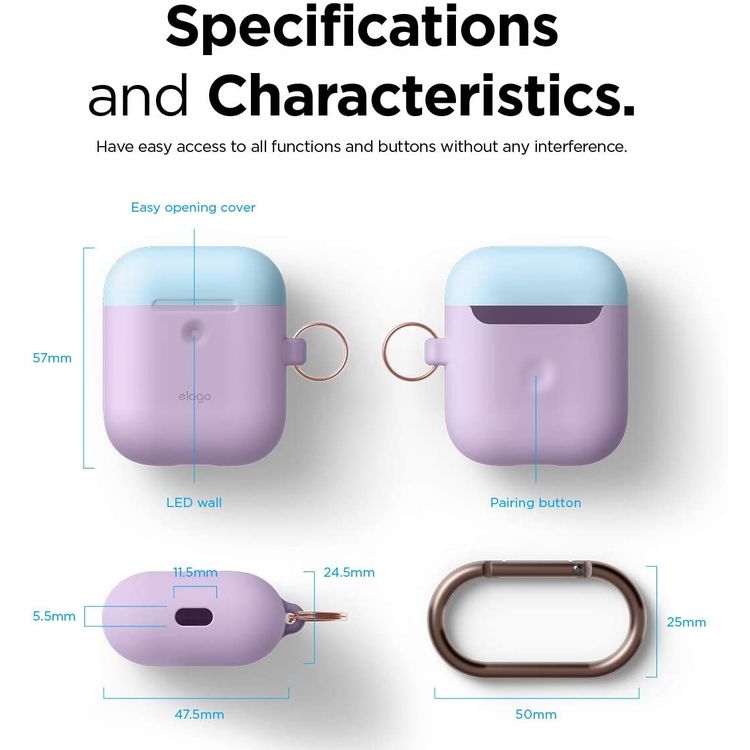 Elago Duo Hang Silicone Case with Apple AirPods Case 1 & 2 Generation, Drop Resistant, Dustproof and Absorbing Protective Cover with Hang Case Body-Lavender / Top-Pink, Pastel Blue