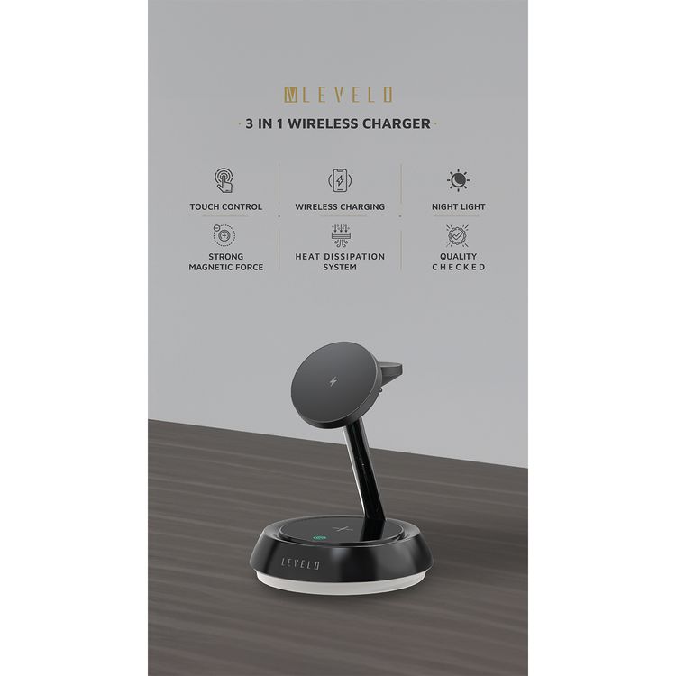 Levelo Sienese 3-in-1 Wireless Charger with MagSafe Compatibility, 15W Output Power, 0.8kg Magnetic Attraction, Heat Dissipation System, Anti-Slip Mat, Night Light - Black