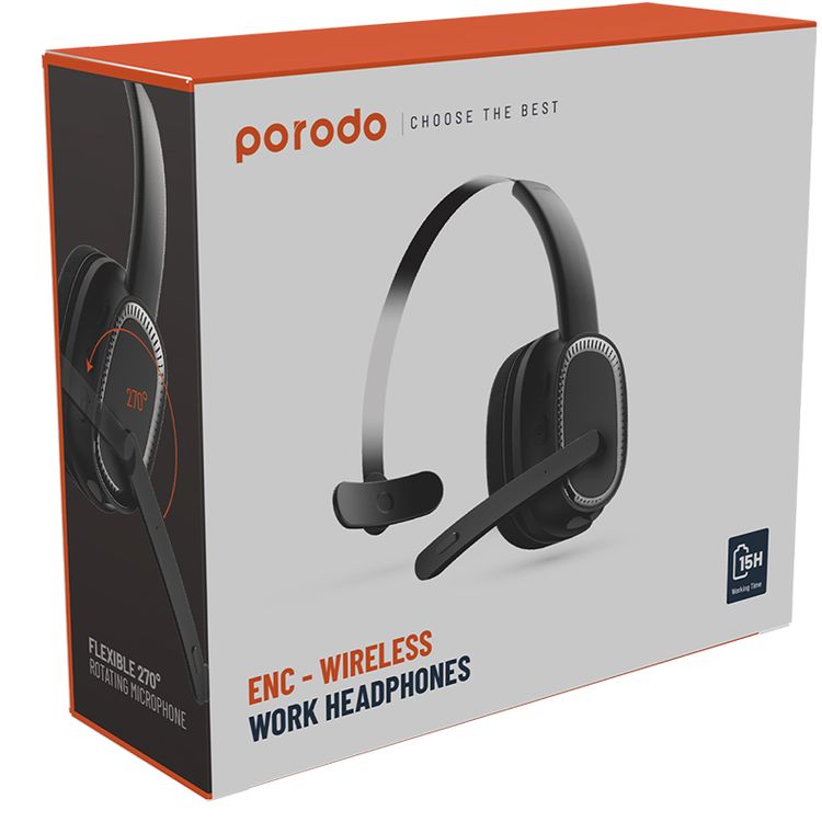 Porodo ENC Wireless Work Headphone with Noise Cancelling Microphone, Bluetooth V5.2, 15 Hours Working Time, 1 Hour Recharging Time, 200mAh Battery, Adjustable Headband - Black