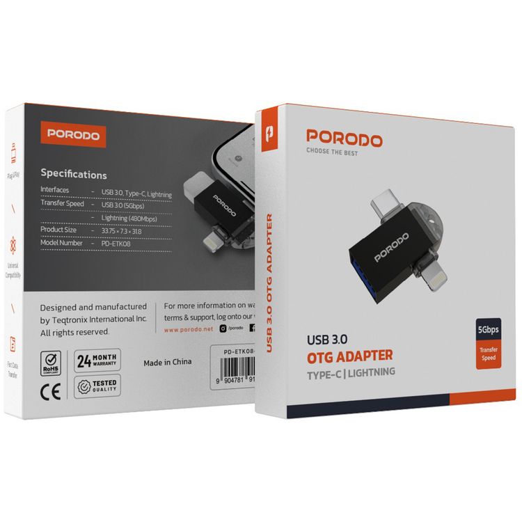 محول بورودو USB 3.0 OTG 3 في 1 مع موصلات Type-C وLightning، نقل بيانات سريع، توصيل وتشغيل، توافق عالمي - أسود