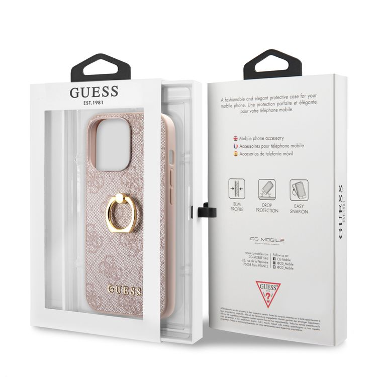 CG MOBILE Guess PU Leather 4G Case with 360° Rotating Ring Grip Holder Stand Compatible for iPhone 13 Pro (6.1") Suitable with Wireless Charging Officially Licensed - Pink