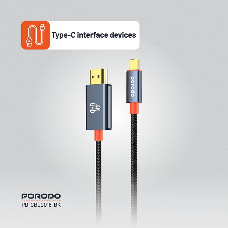 Porodo Aluminum Alloy Woven Cable Type-C to HDMI, 2m Cable Length, Ultra HD 4k Resolution, Plug & Play, Tangle Free - Black