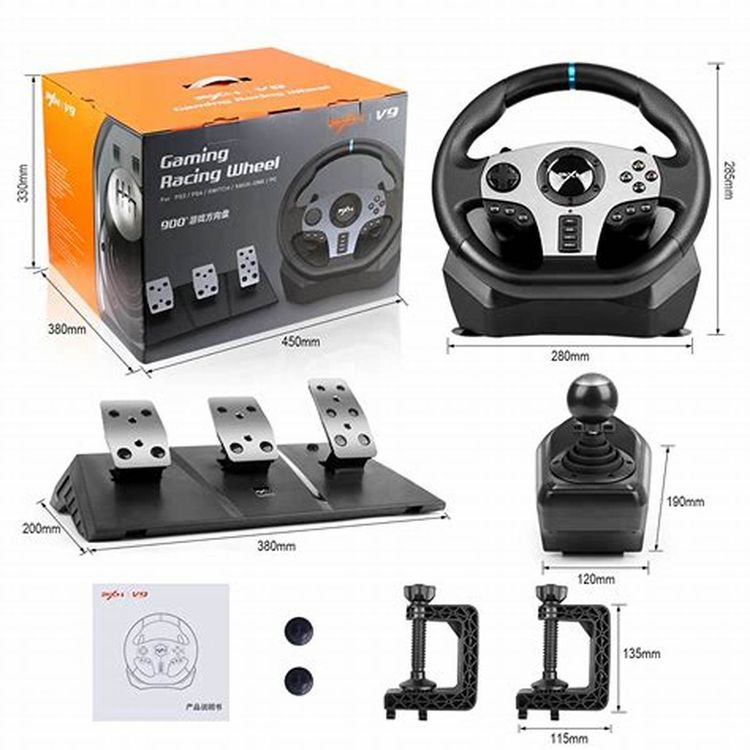 PXN V9 USB PC Race Game Driving Steering Wheel with Clutch Pedals and Shifter for Windows PC/PS3/PS4/Xbox One/Switch