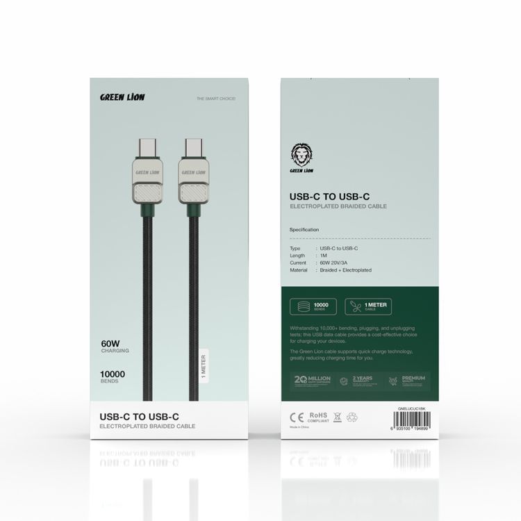 Green Lion USB-C to USB-C Electroplated Cable with 60W Current, 1m Cable Length, Braided Outer Material, 480Mbps Transfer Speed, 10,000 Bends Lifespan - Black / Green