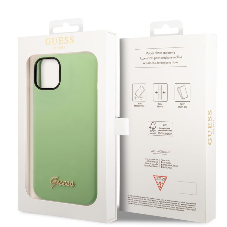 Guess Liquid Silicone Case With PC Camera Outline & Script Metal Logo - iPhone 14 Plus - Green
