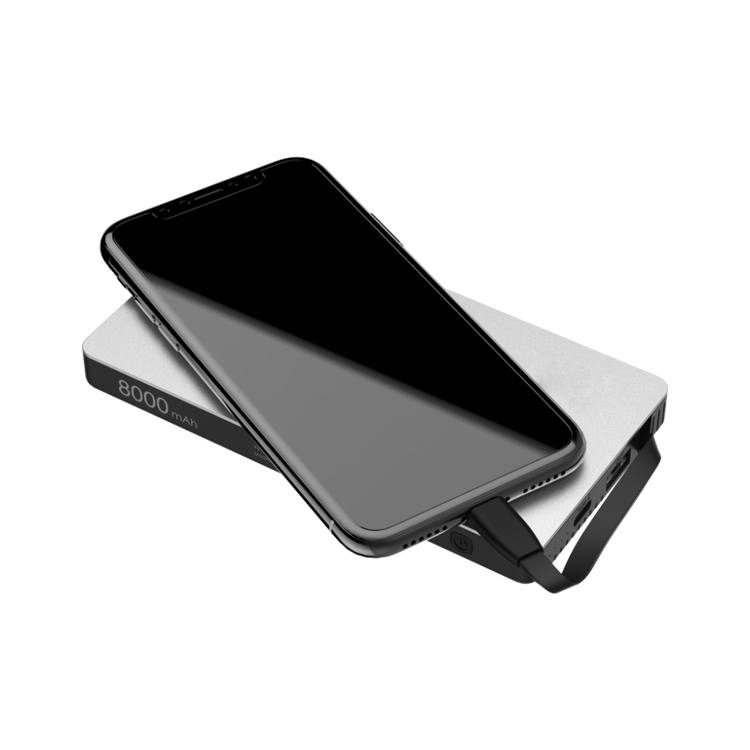 Powerology 8-in-1 Power Bank Station 8000mAh With Built-in Cable, Portable Power Bank and 1 Rapid Recharging Station Compatible iPhone Devices, Type C Charging Ports - Silver