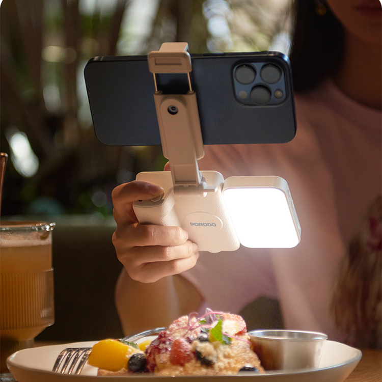 Porodo Lifestyle 3-in 1 Bluetooth Selfi Stick with Detachable Fill Light & Stand, 360° Rotation, Extendable Arm, 12 Hours Working Time - White