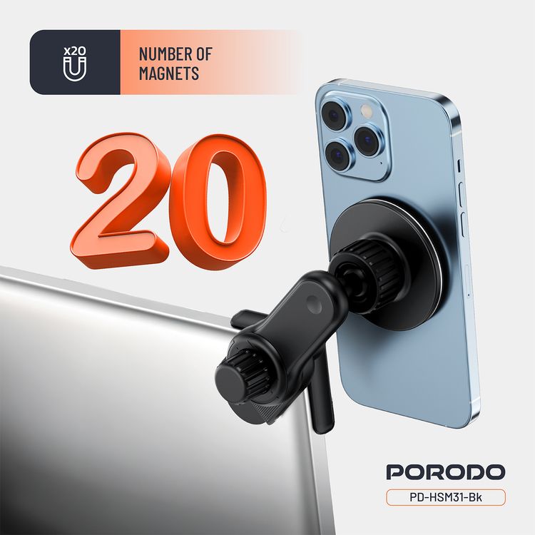 Porodo MagLock MagSafe Phone Mount with Zinc Alloy Material, N52 Magnets, Multi-Angle Adjustment, Folding Design, Strong Magnetic Hold - Black