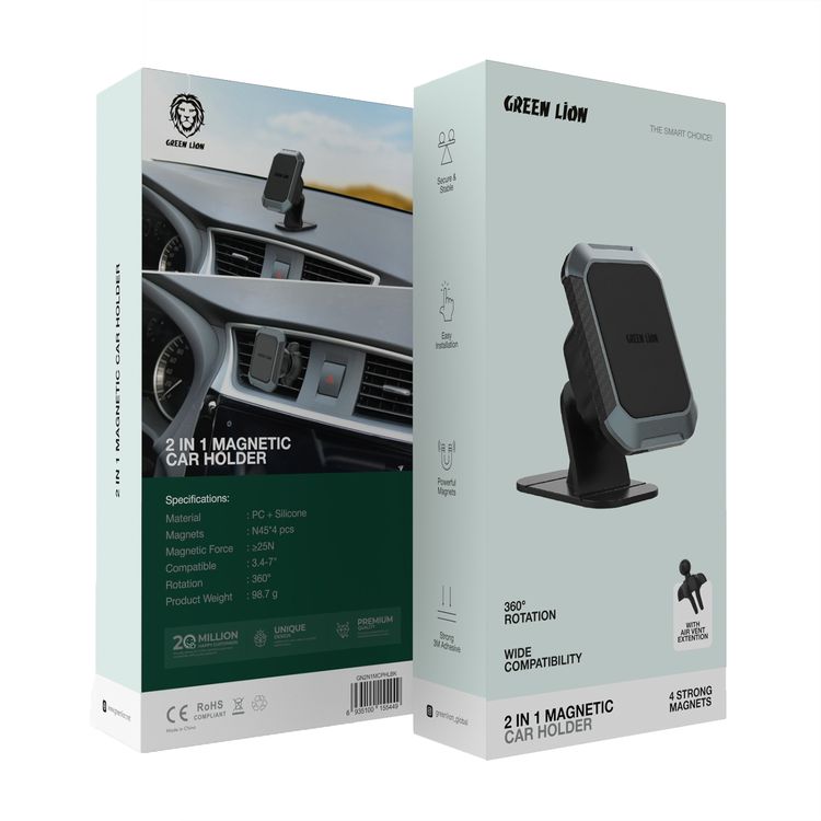 Green Lion 2-in-1 Magnetic Car Phone Holder for 3.4"-7" Devices, Air Vent Extension, 360° Rotation, One-Hand Operation, 4 Strong Magnets, Secure and Stable, Flexible Design - Black