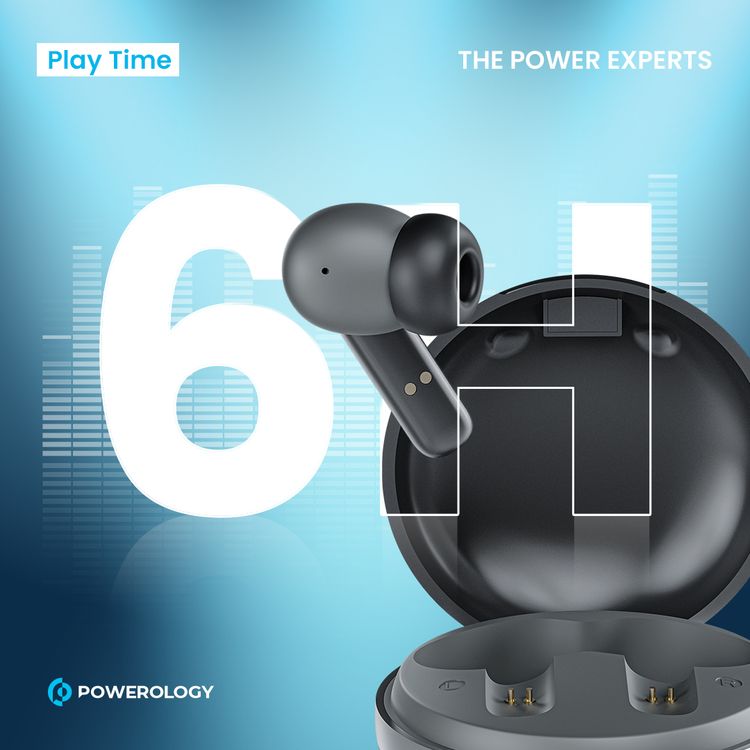 Powerology TWS Earbuds with Quad Mic ENC, 6h Playtime, Bluetooth 5.3, 30minutes Charging Time, 10m Transmission Distance, Type-C Port, Smart Touch Control, Wireless Charging - Black