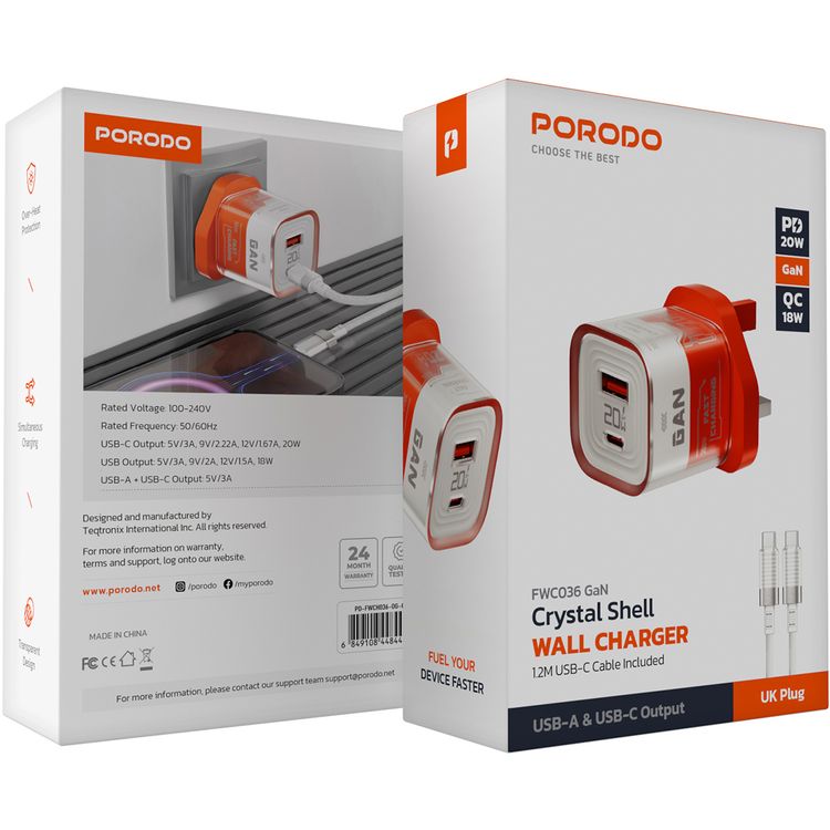 Porodo Crystal Shell GaN Wall Charger with 1.2m USB-C Cable Included, Simultaneous Charging, 20W Power Delivery, Overheat Protection, 18W USB-A Output - Orange