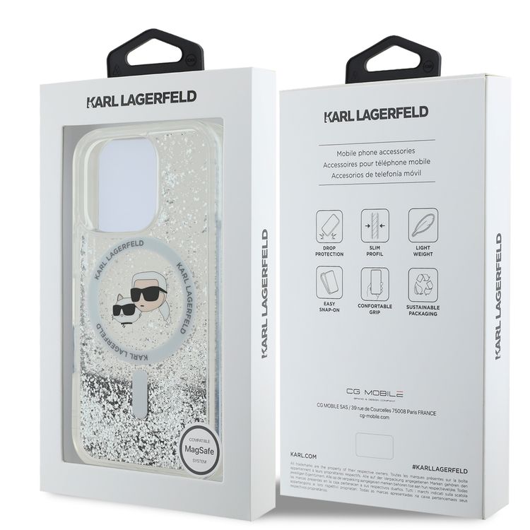 Karl Lagerfeld Magsafe Liquid Glitter Hard Case with Karl & Choupette Head for iPhone 16 Pro Max, Drop Protection, Shock Absorption, Precision Cutouts, Sparkling Glitter Design - Transparent