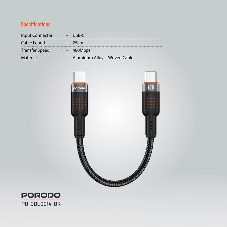 Porodo  Aluminum Alloy 25cm Braided Cable Type-C to C, PD 60W, 480Mbps Transfer Speed, more than 15000 Bends Life Span, Tangle Free - Black