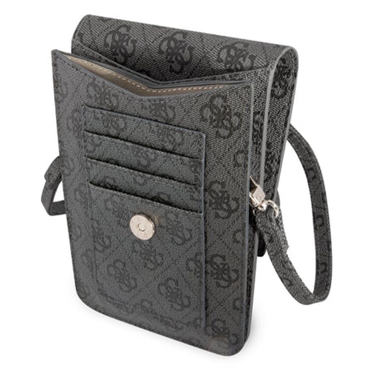 Guess 4G Wallet with Triangle Logo, High-Quality PU Leather Material, Ample Space, Card Slots, Shoulder Strap, Magnetic Snap Closure - Black