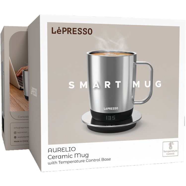 LePresso AURELIO Mug with Temperature Control Base,  IPX7 Waterproof Grade, Type-C Charging Port, Stainless Steel 304 + PC + Ceramic Material, 300mL Capacity - Silver