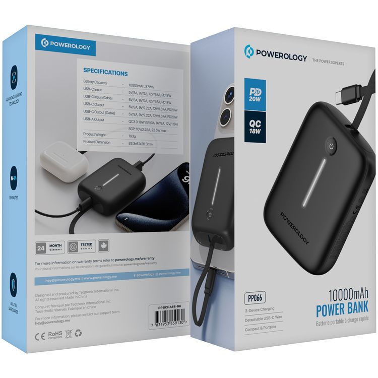 Powerology 10000mAh Power Bank with Detachable USB-C Wire, 20W Power Delivery, 3-Device Charging, Long Time Standby, Universal Phone Compatibility, Built-in Safeguards - Black