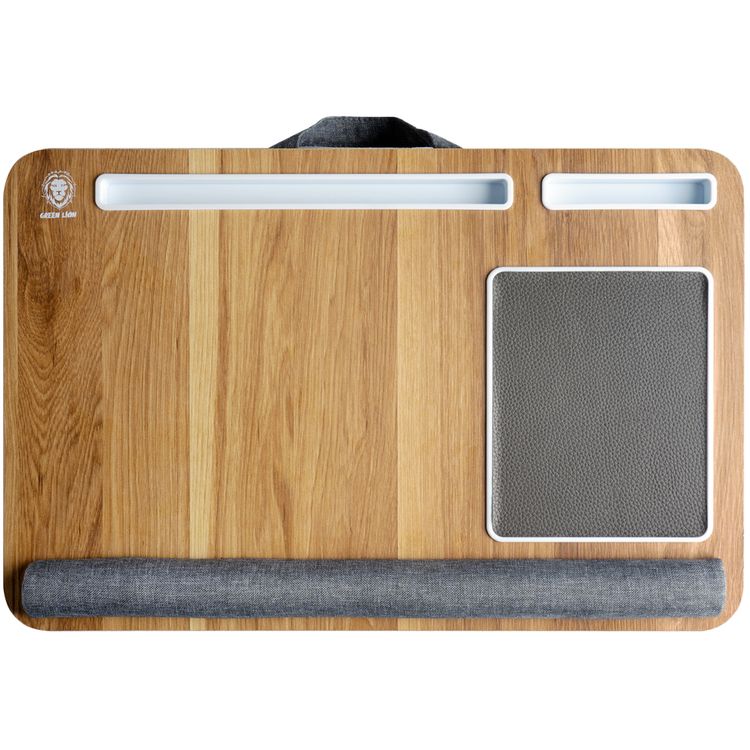Green Lion Portable Laptop Desk with 17" Screen Size, Dual Cushions, Wood & Fabric Material, Carry Strap, Mouse Pad, Phone & Tablet Holder, 3kg Max Load - Gray