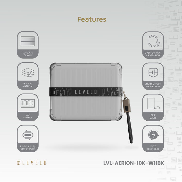 Levelo  Aerion Portable 10000mAh Power Bank with Luggage Design, LED Display, Over Current Protection, Lithium-ion Battery, Grip Cable, Fast Charging Support - White / Black  