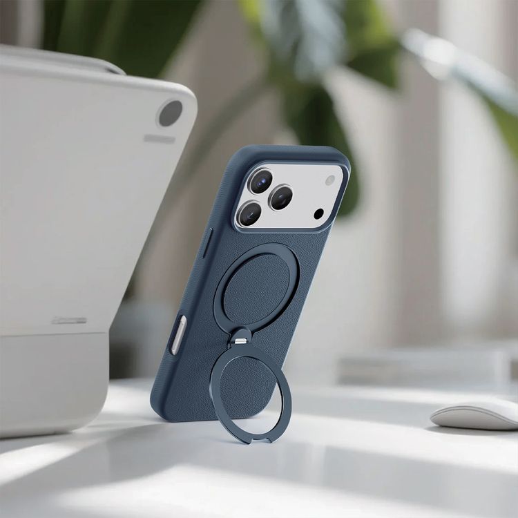 Green Lion Minster Leather MagSafe Case with Foldable Stand Design for iPhone 17 Pro, Anti-Fingerprint, 360° Rotatable Stand, Anti-Scratch, Camera Protection, Comfortable Grip - Blue