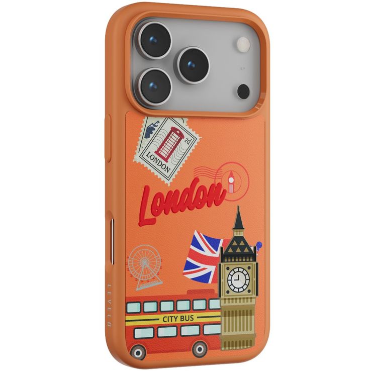 Levelo Vallo PU Leather Case for iPhone 17 Pro Max with Embroidery London Finish, Comfortable Hold, Durable PU Leather, Raised Bezels for Camera and Screen, True Microfiber Interior Lining, Scratch & Wear Resistant, Shock-Resistant Bumper - Sunrise Orange