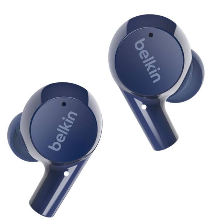 سماعات Belkin Soundform Rise اللاسلكية الحقيقية مع أحجام متعددة لرؤوس الأذن، صوت ستيريو غني، اقتران تلقائي، حقيبة شحن مدمجة وقابلة للتنقل، متوافقة مع المساعدات الصوتية، مقاس السائق 6 ملم - أزرق