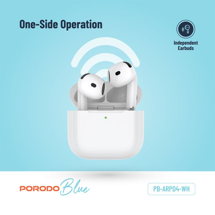 Porodo Blue ENC Earbuds 4 with 20 Hours Working Time, Wireless Charging, Deep Bass, Touch Control - White