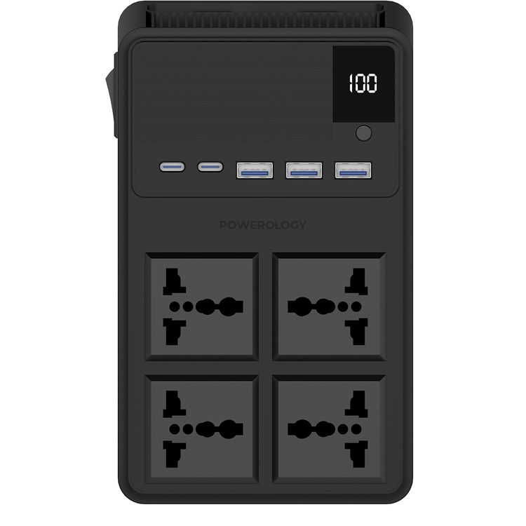 مشترك طاقة Powerology 2500 واط مع 4 مقابس تيار متردد وكابلات مدمجة قابلة للسحب، 5 منافذ USB، مخرجات USB-C وLightning، أدوات حماية مدمجة، مادة مقاومة للحريق، مؤقت 24 ساعة، شحن متزامن، طول الكابل 70 سم وطول سلك الطاقة 3 متر - أسود